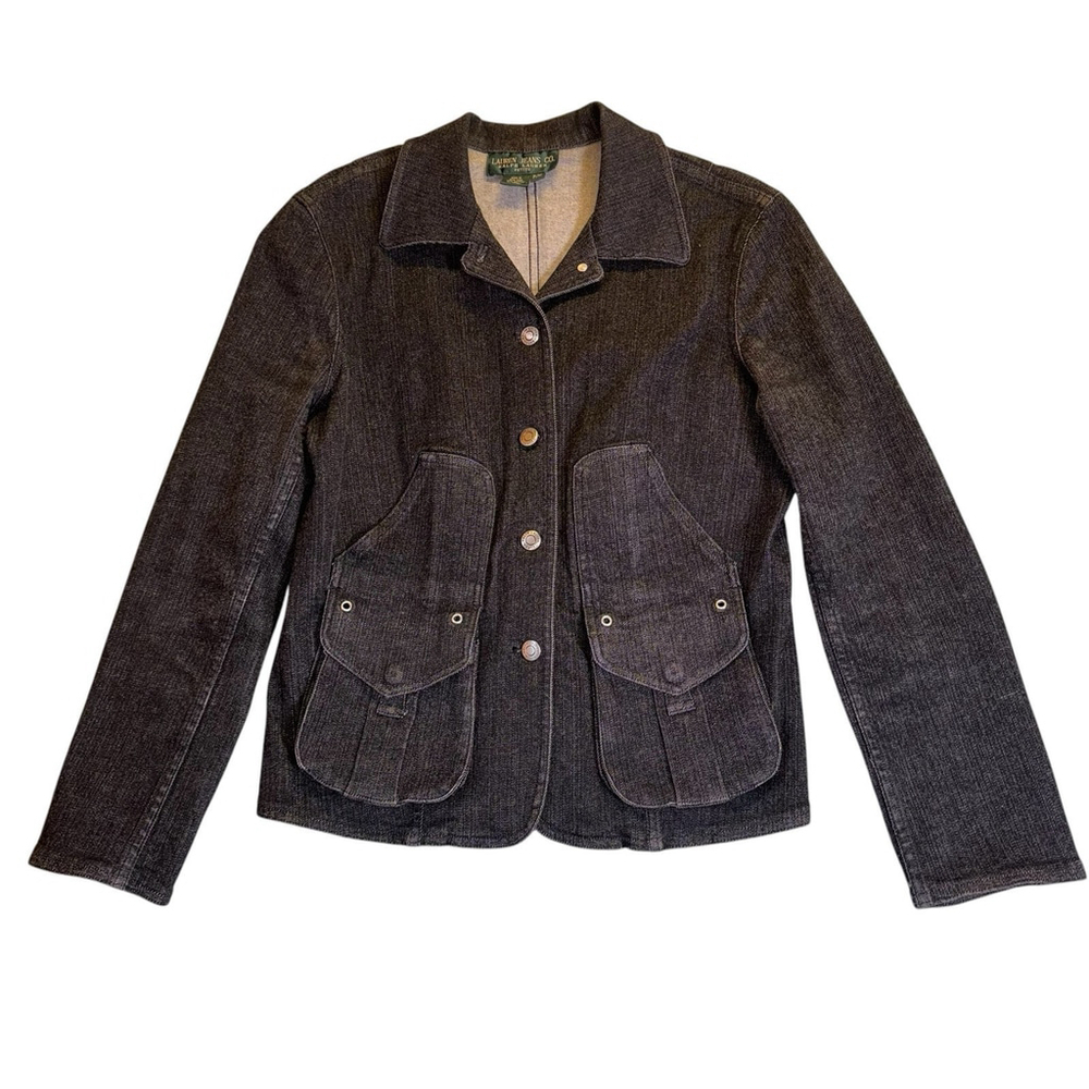 Vtg Ralph Lauren 6 Pocket Skirted Pleat Back Thick Black Denim Jacket Petite M